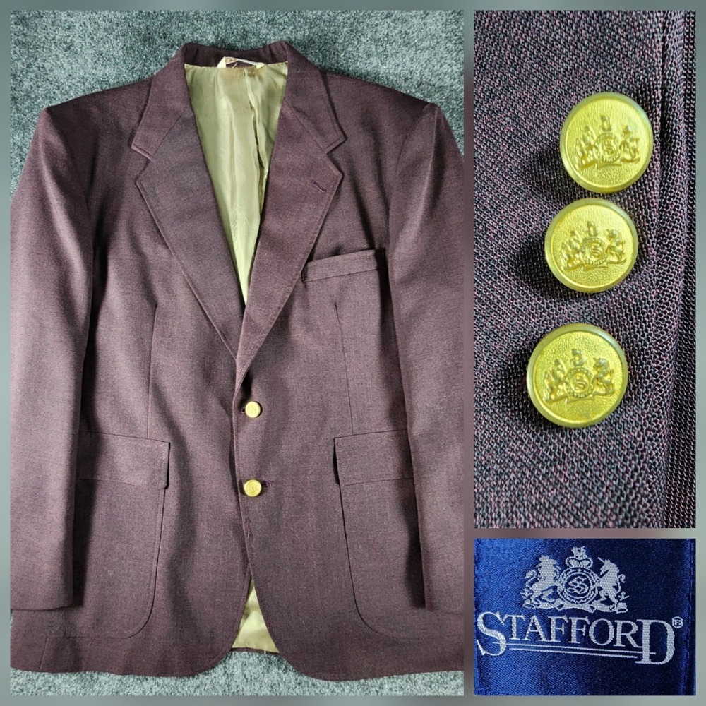 VTG Stafford USA 44S Purple Hopsack‎ Gold Button Men's Blazer Jacket Sport Coat